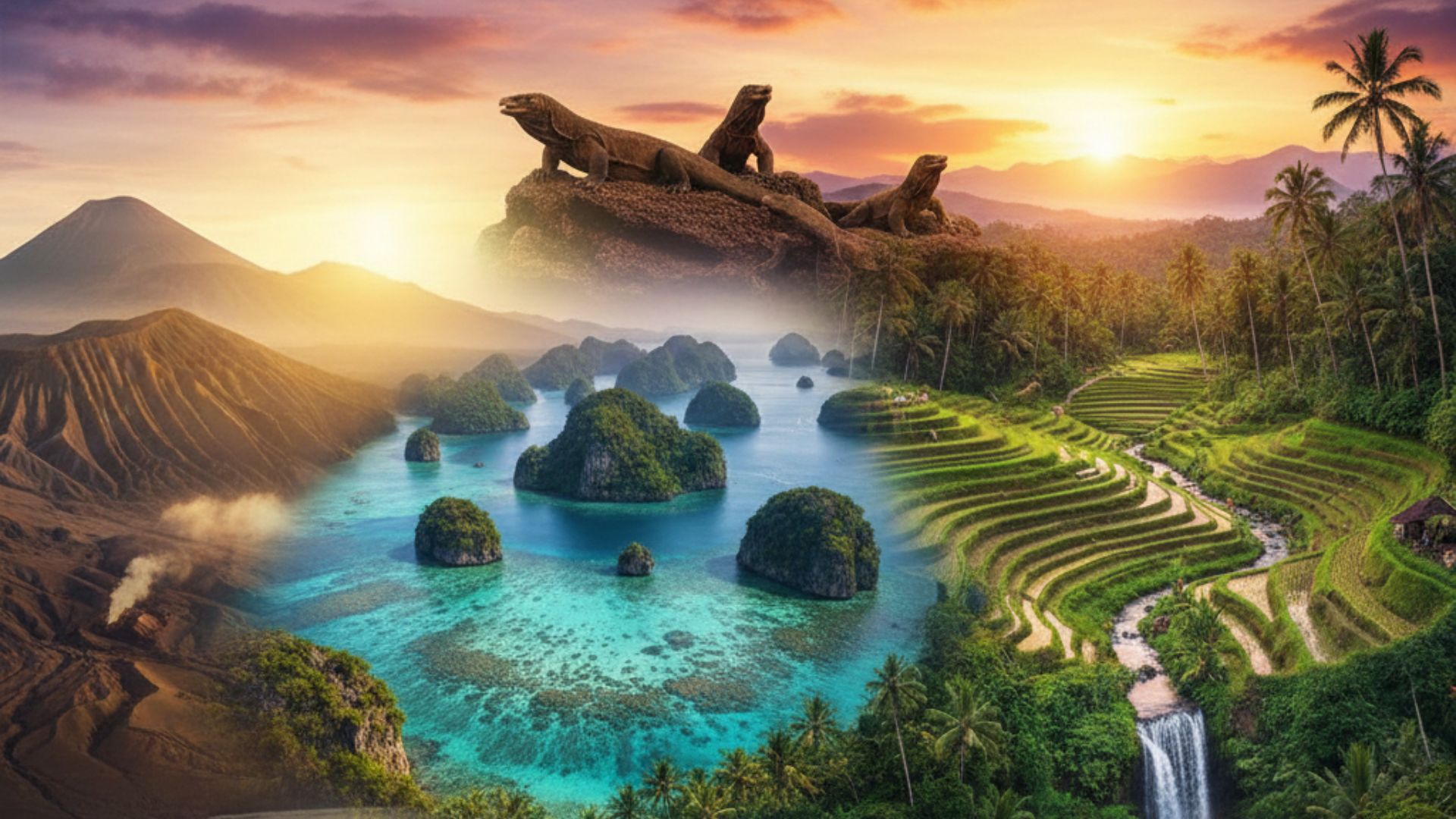 Panorama wisata alam Indonesia dengan pegunungan hijau dan danau alami yang menenangkan