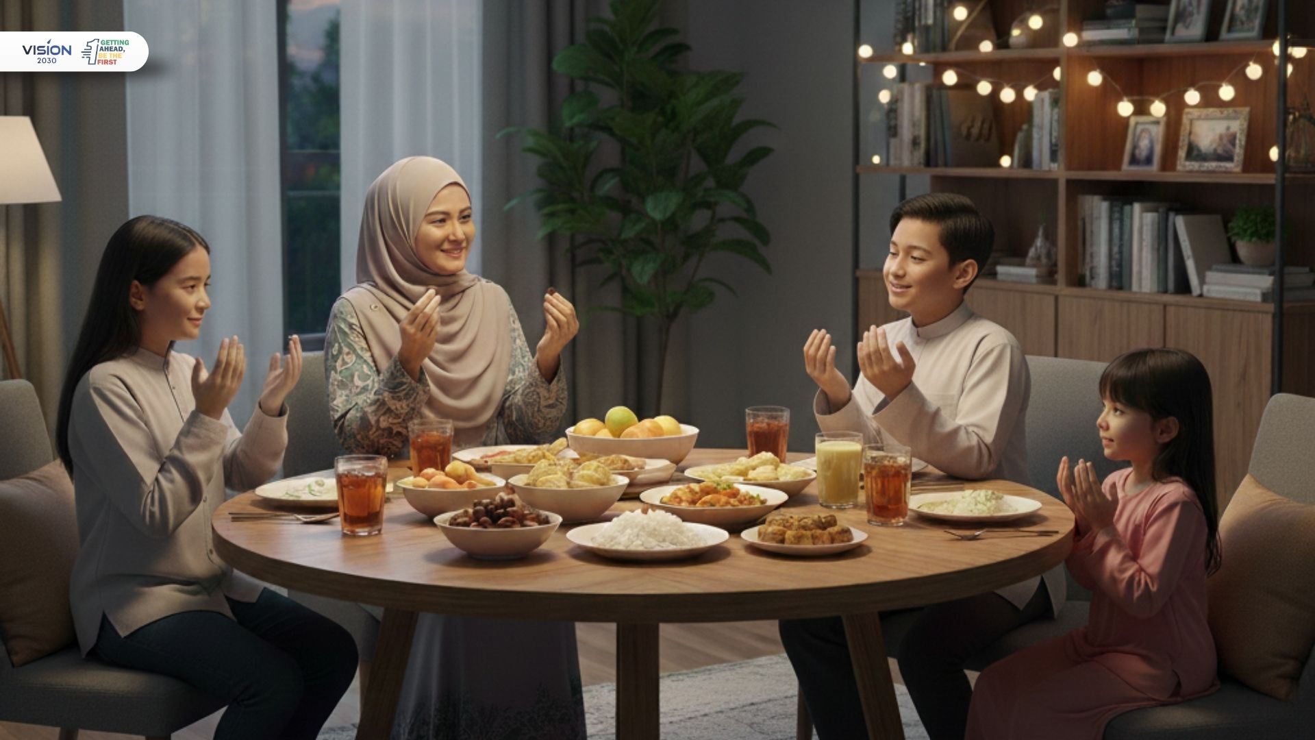 suasana Ramadhan dengan keluarga Muslim sedang berbuka puasa bersama di rumah