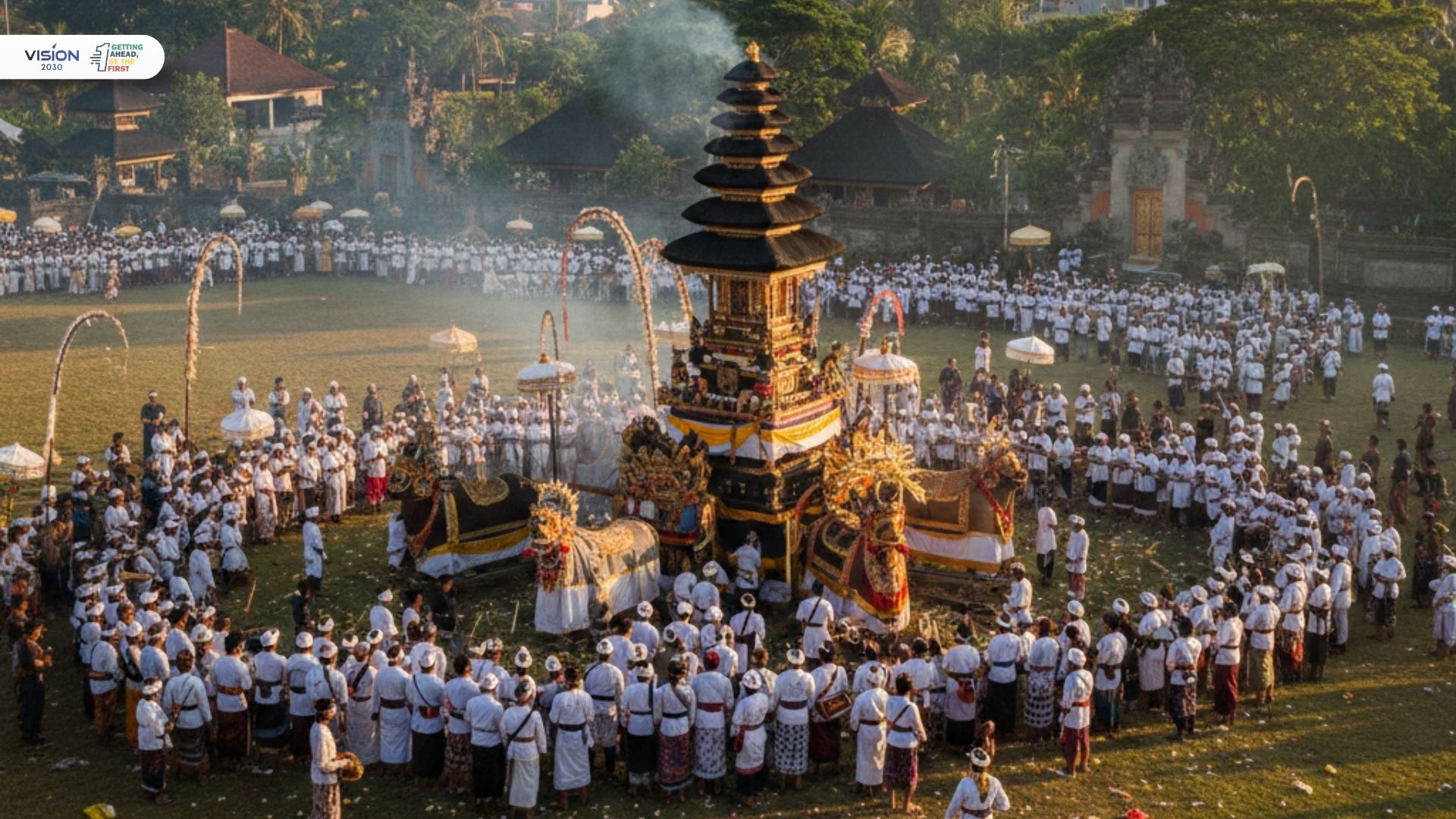 Upacara Ngaben di Denpasar yang khidmat dan ilustrasi balapan kerbau Makepung Bali yang energetik.