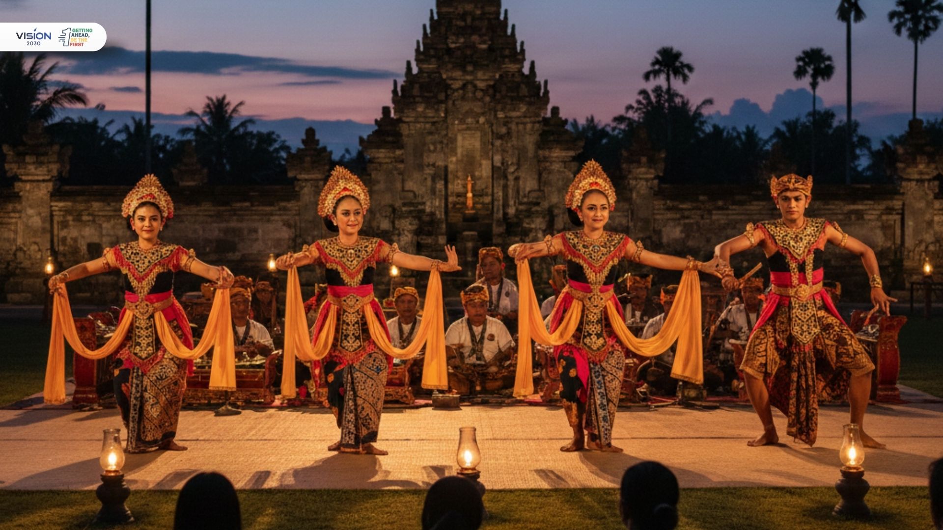Pertunjukan tari tradisional Indonesia dengan kostum adat lengkap dan gerakan khas daerah