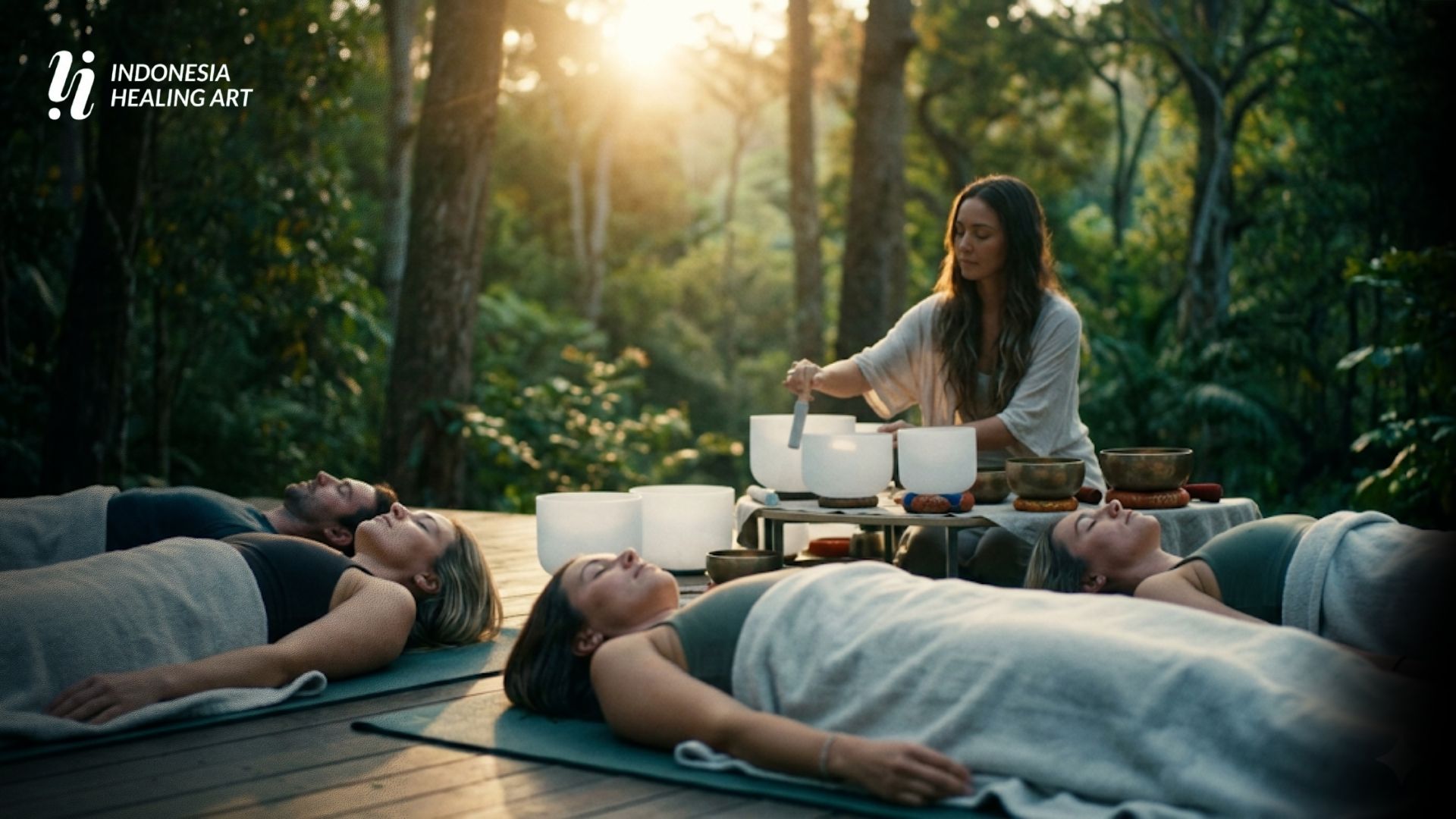 Peserta mengikuti sound healing journey dalam suasana tenang dengan alunan singing bowl dan instrumen terapi suara.