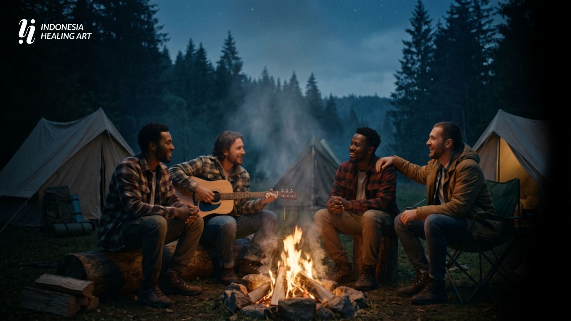 Peserta mengikuti aktivitas healing camp di alam terbuka dengan sesi meditasi, mindfulness, dan forest healing untuk mengurangi stres.