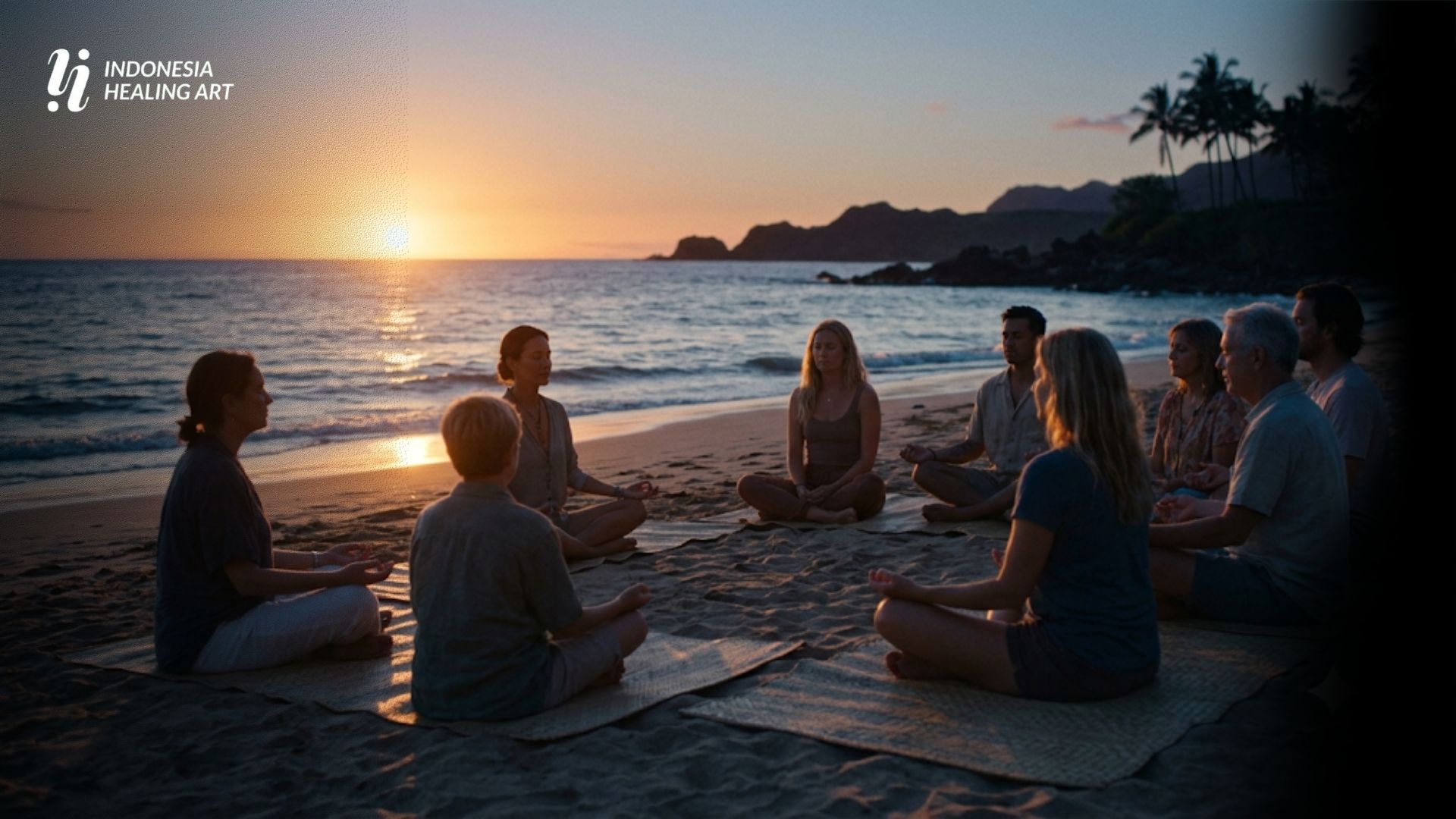 Peserta menikmati Sunset Healing Session di tepi pantai saat matahari terbenam dengan suasana damai dan penuh kesadaran.