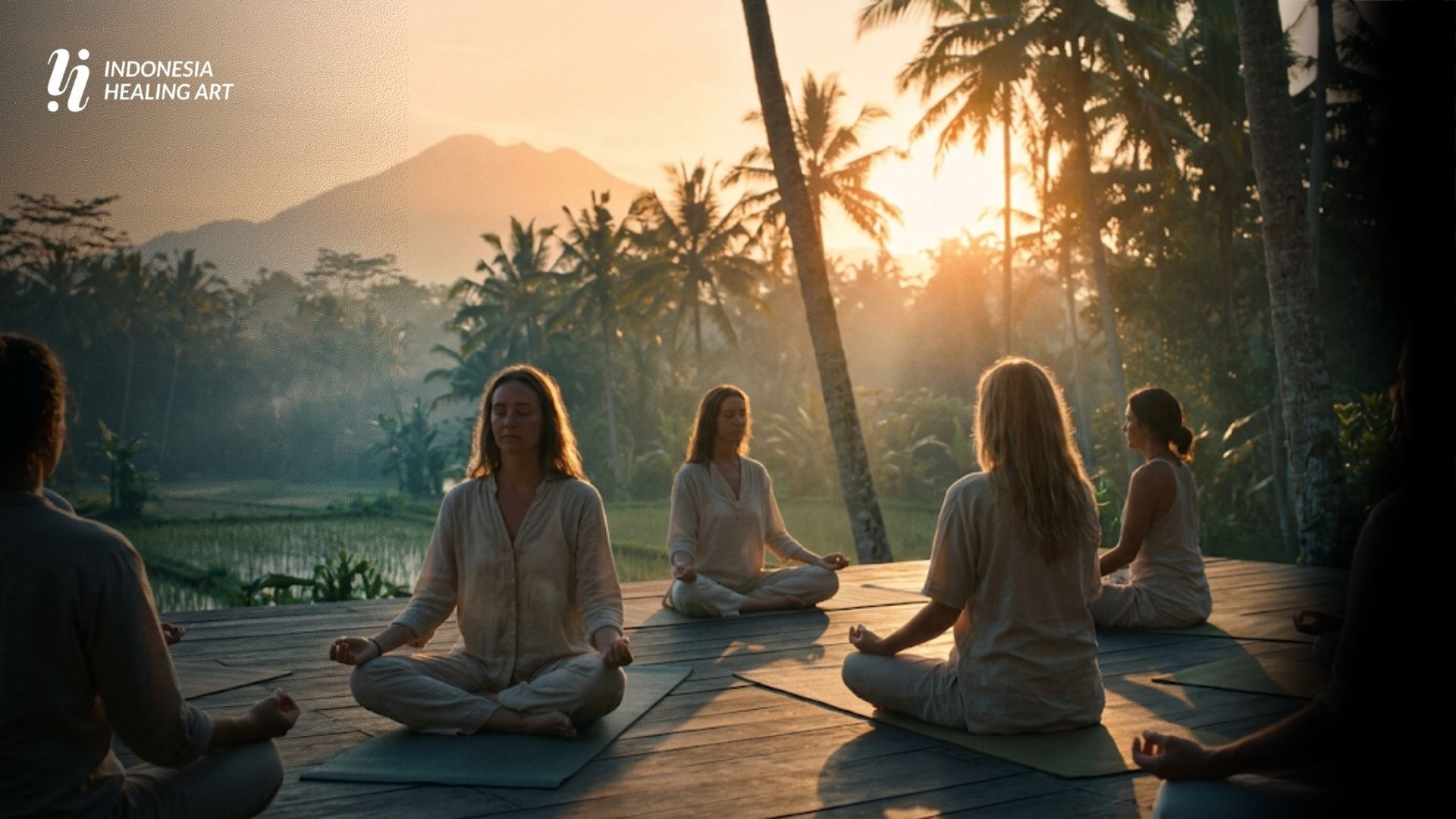 Peserta healing retreat Bali melakukan meditasi saat matahari terbit dengan latar alam tropis yang tenang dan menenangkan.