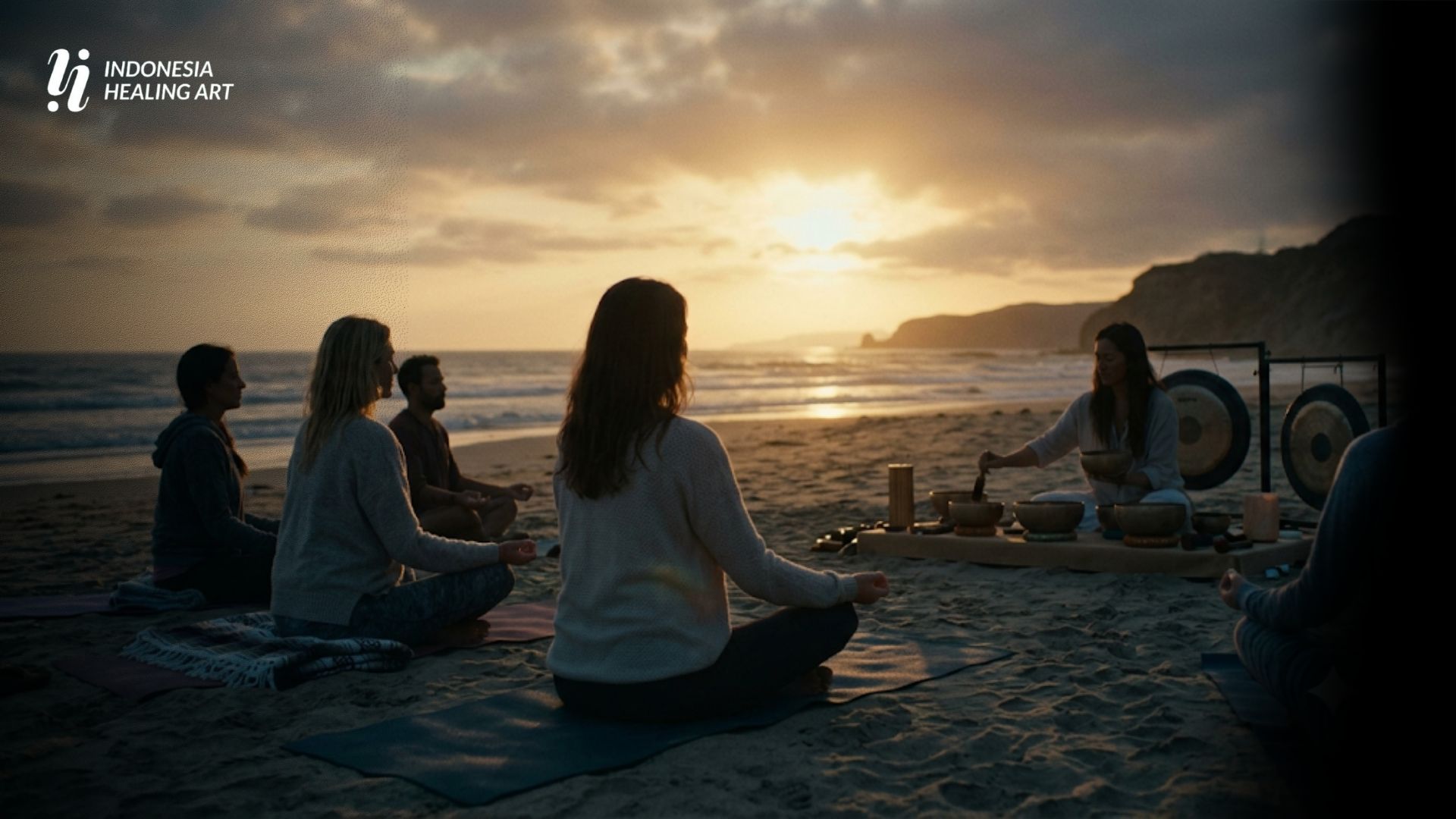 Peserta mengikuti sesi Sound Healing Sunset di tepi pantai saat matahari terbenam dengan suasana tenang dan meditatif.