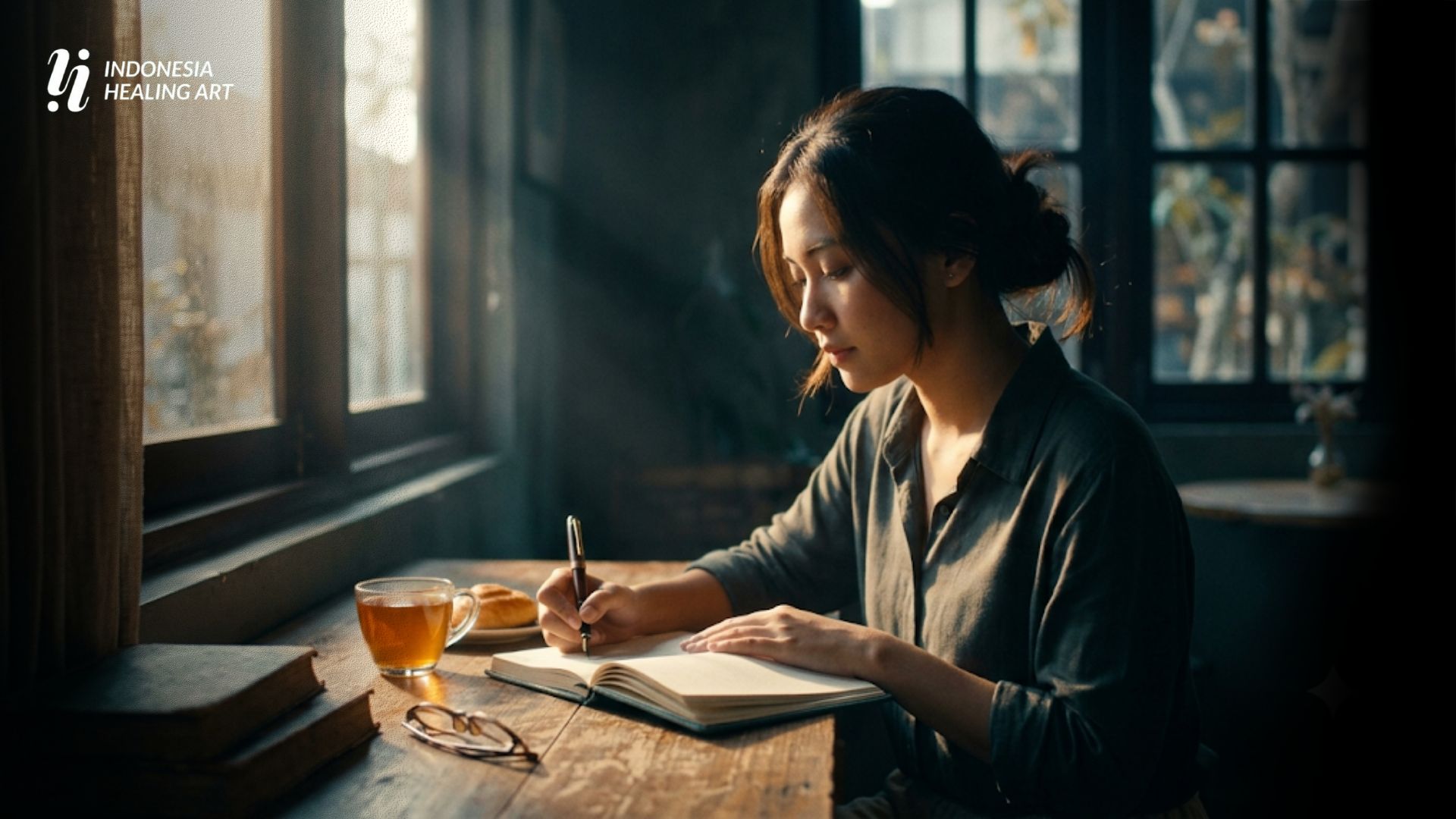 Seseorang menulis morning journaling di buku catatan sambil menikmati suasana pagi yang tenang dengan cahaya matahari hangat.