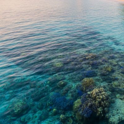panorama laut Indonesia dengan pasir putih dan terumbu karang biru jernih