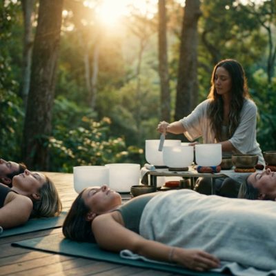 Peserta mengikuti sound healing journey dalam suasana tenang dengan alunan singing bowl dan instrumen terapi suara.