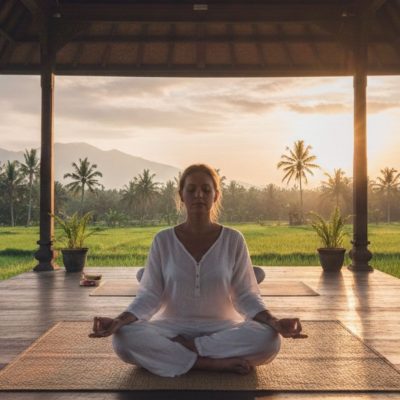 Peserta mengikuti retreat wellness Indonesia dengan meditasi dan yoga di alam terbuka yang tenang