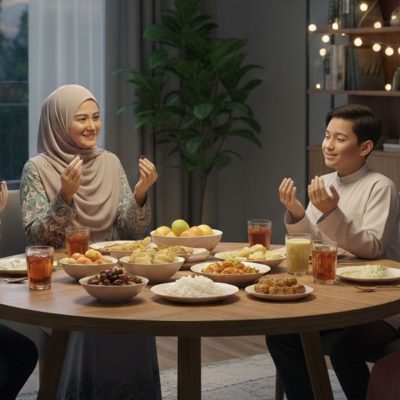suasana Ramadhan dengan keluarga Muslim sedang berbuka puasa bersama di rumah