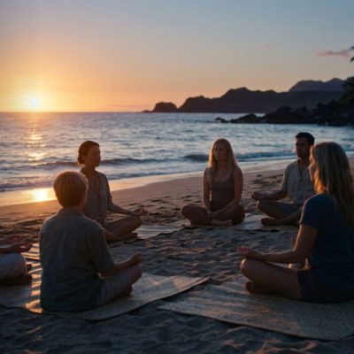 Peserta menikmati Sunset Healing Session di tepi pantai saat matahari terbenam dengan suasana damai dan penuh kesadaran.