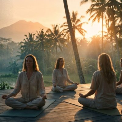 Peserta healing retreat Bali melakukan meditasi saat matahari terbit dengan latar alam tropis yang tenang dan menenangkan.