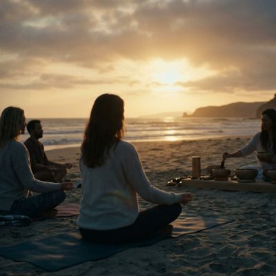 Peserta mengikuti sesi Sound Healing Sunset di tepi pantai saat matahari terbenam dengan suasana tenang dan meditatif.