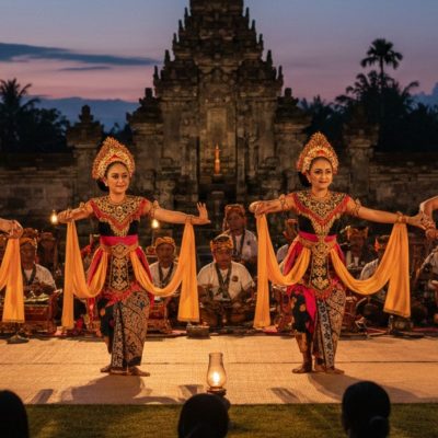 Pertunjukan tari tradisional Indonesia dengan kostum adat lengkap dan gerakan khas daerah