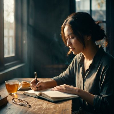 Seseorang menulis morning journaling di buku catatan sambil menikmati suasana pagi yang tenang dengan cahaya matahari hangat.
