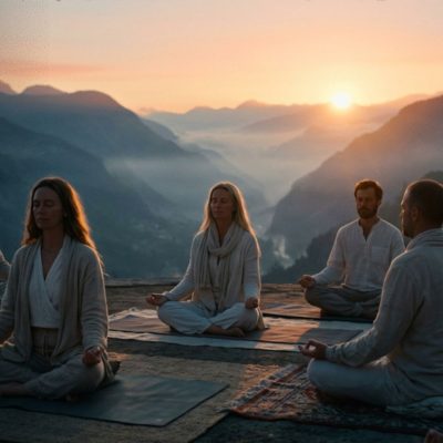 Peserta Sunrise Meditation menikmati meditasi pagi saat matahari terbit dengan pemandangan alam yang tenang dan menenangkan.