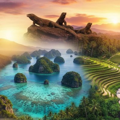 Panorama wisata alam Indonesia dengan pegunungan hijau dan danau alami yang menenangkan